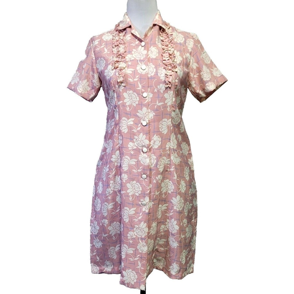 Vintage Pink Floral Ruffle Button Front Shirt Dress Short Sleeve‎ Rose Print